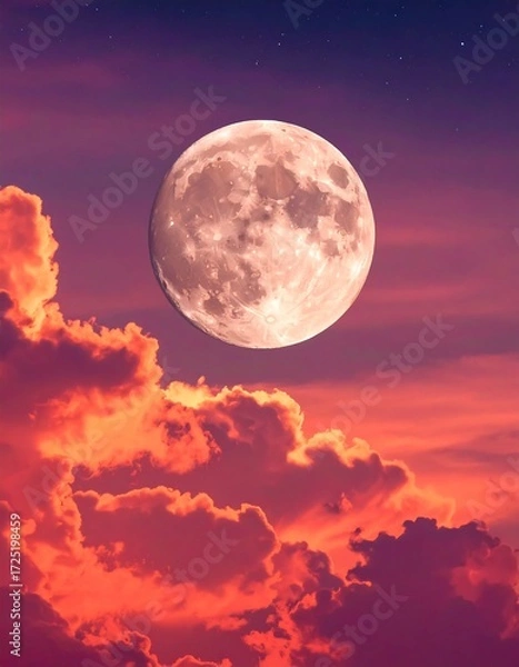 Fototapeta Full moon, vibrant sunset clouds