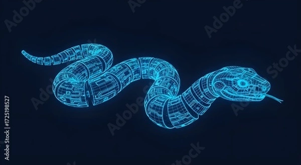 Fototapeta Neon Blue Wireframe Snake on Dark Background serpent reptile