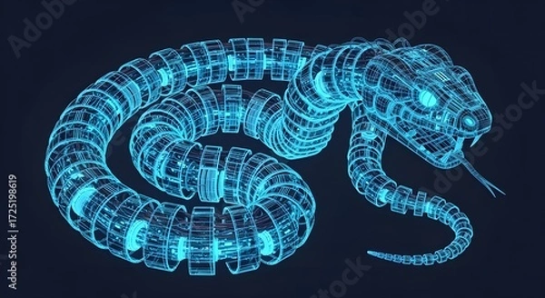 Fototapeta Segmented Blue Neon Wireframe Robotic Snake On Dark Background mechanical