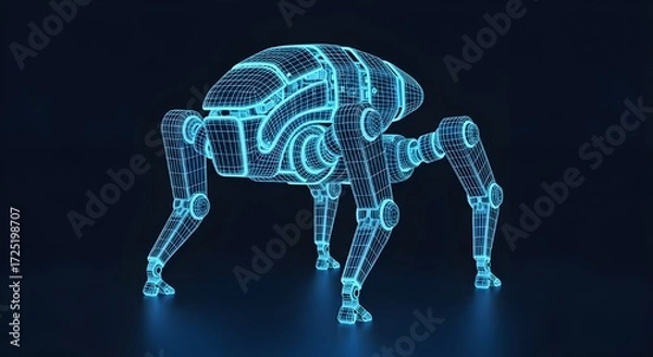 Fototapeta Spider-like robot wireframe in glowing blue neon on dark background futuristic technology