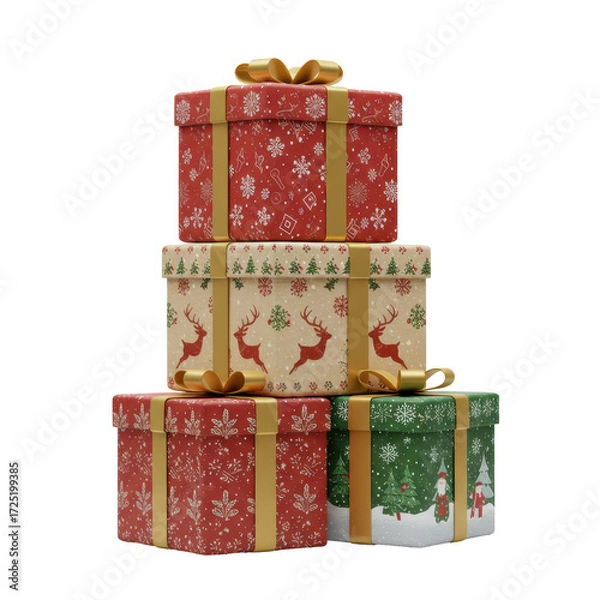Obraz Stack of christmas gift boxes with holiday designs