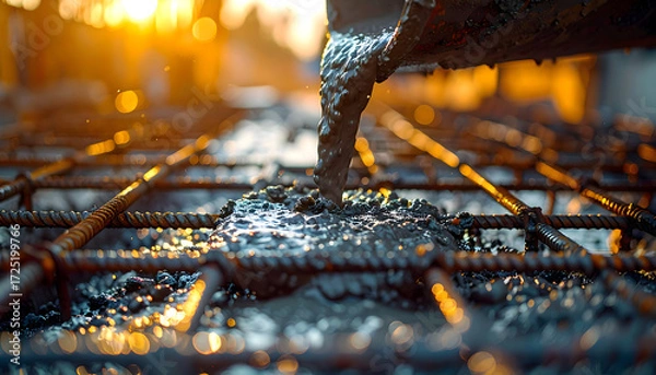 Fototapeta Concrete Pouring Process: Witness the captivating moment of concrete cascading onto a grid of steel reinforcement bars, a visual symphony of construction and industry.