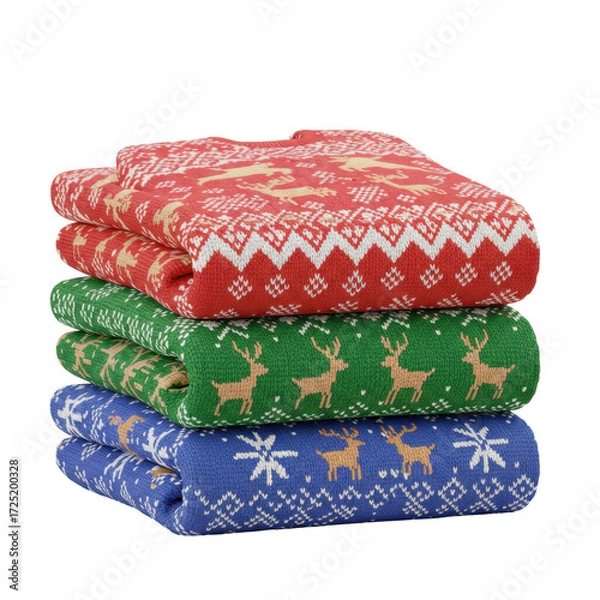Fototapeta Stacked christmas sweaters with reindeer pattern