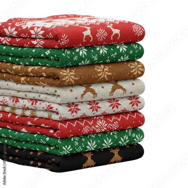 Fototapeta Stacked pile of festive knitted fabrics with christmas patterns