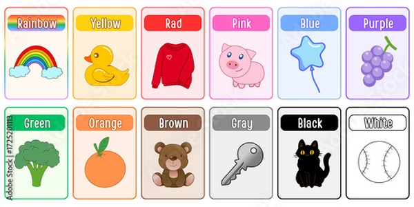 Fototapeta A set of color flashcards for teaching children.	