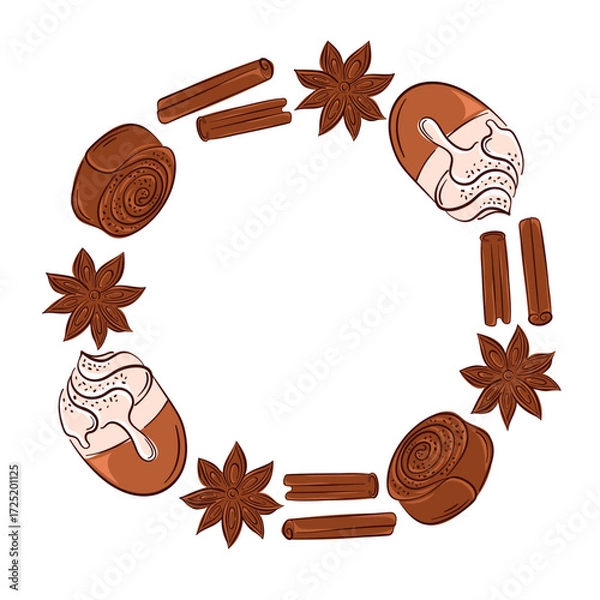 Fototapeta Circular wreath frame with flat style cinnamon roll, stick, coffee and star anise on white background with empty center for spice store, cafe design.