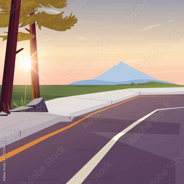 Obraz Illustration of road and sidewalk with scenery, mountains, sun, trees and sky