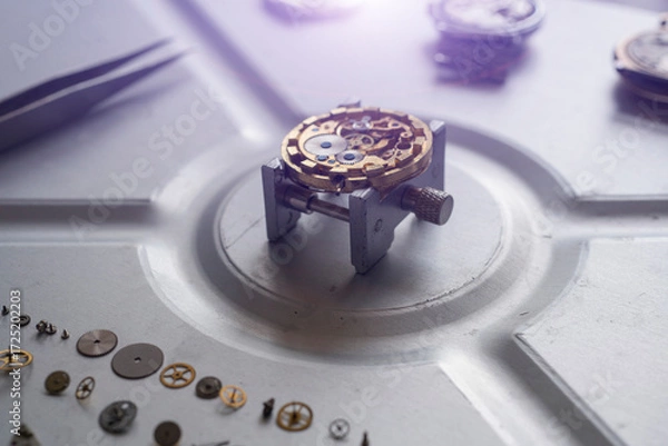Obraz Watchmaker workshop. Mechanical watch repair process