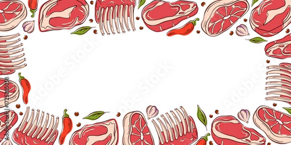 Fototapeta Border frame with different meat cut steak, rib and chop in a flat style. Ideal for food package, flyers, butcher shop design and restaurant menu.