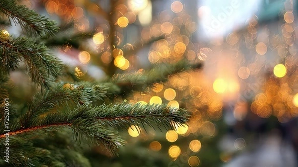 Fototapeta Close Up Christmas Tree Branch With Bokeh Lights