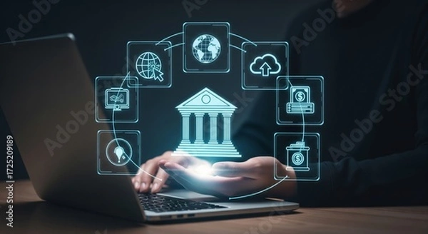 Fototapeta Holographic Digital Banking Interface with Financial Icons over Laptop — Secure Online Banking & Fintech Concept