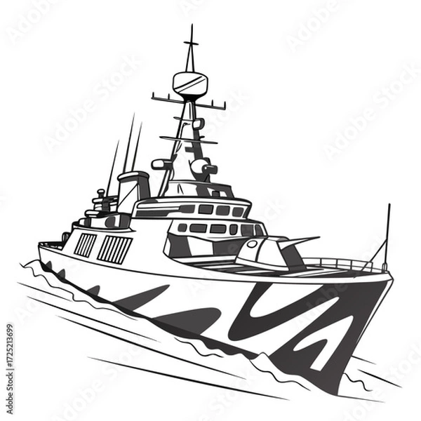 Obraz Vector art of a detailed illustration of a warship sailing on water, the ship is depicted with intricate details and a camouflage pattern, showcasing its naval design