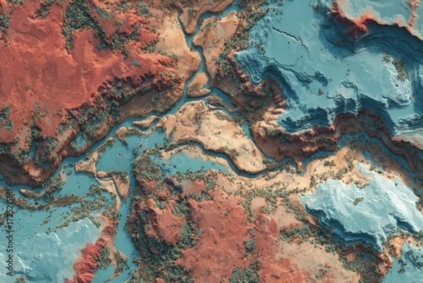 Fototapeta Flood-prone area mapped with erosion zones, water blue and reddish soil tones, risk mitigation theme 