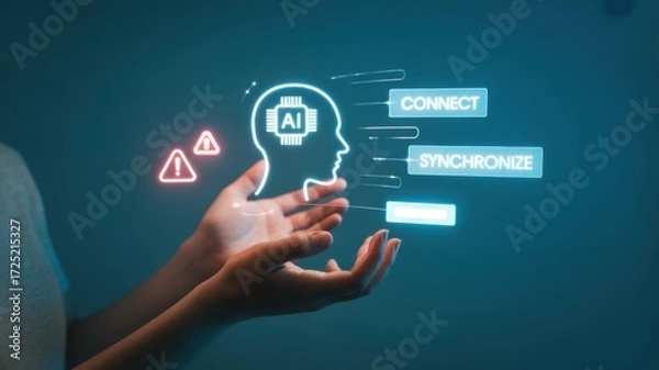 Fototapeta AI Digital Transformation: A person's hands cradle a glowing digital projection of a brain integrated with AI technology, symbolizing connection and synchronization, amid warning signs. 