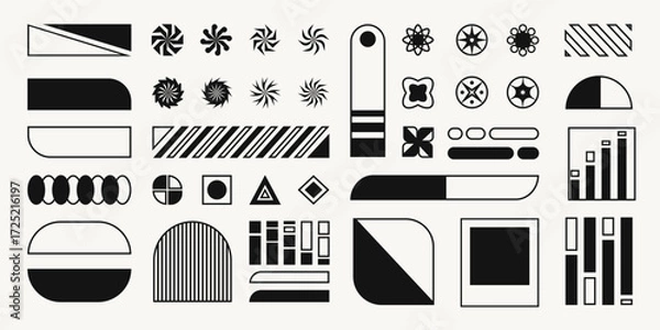 Fototapeta Graphic set of abstract bold shapes and symbols, geometric art, signs and decorative design elements in brutal retro style. Vector vintage stickers.