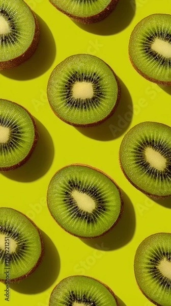 Fototapeta Top view of kiwi slices on a vivid yellow background, highlighting the unique patterns and textures of the fruit, creating a fresh and colorful atmosphere