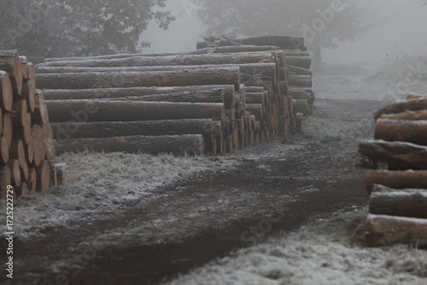 Fototapeta On a foggy winter day, a substantial pile of logs is blanketed in snow, creating a serene and atmospheric scene that captivates the eye