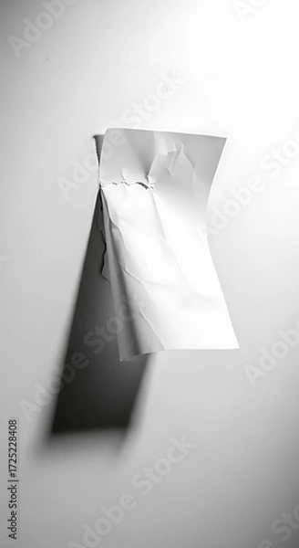 Obraz A crumpled sheet of white paper hangs against a plain white background, casting a dramatic shadow.