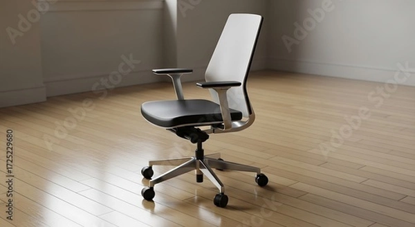 Obraz A modern, ergonomic office chair with a light gray back and black seat, positioned on a light hardwood floor in a minimalist room.