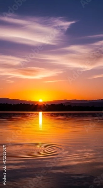 Obraz A serene sunrise paints the tranquil lake with warm hues, showcasing a tranquil atmosphere reflected in the still water.