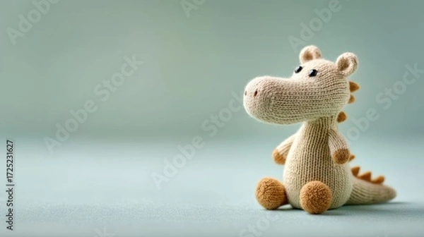Fototapeta Knitted crocodile toy with cute details sitting on light surface against soft green background
