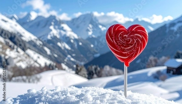 Fototapeta Heart-shaped lollipop in snowy mountains