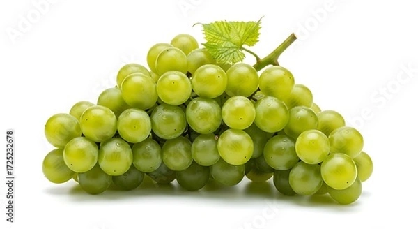 Obraz Fresh green grapes, glistening with moisture, are displayed against a pure white background.