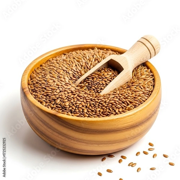 Obraz Flax seeds in wooden bowl isolated on white background