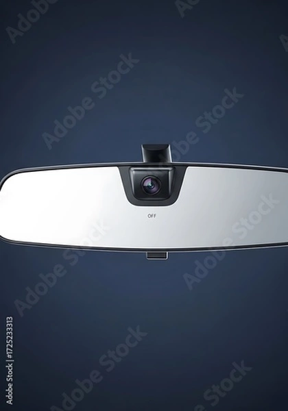 Obraz A modern, sleek automotive rearview mirror with integrated camera technology, showcasing a clean design and dark backdrop.