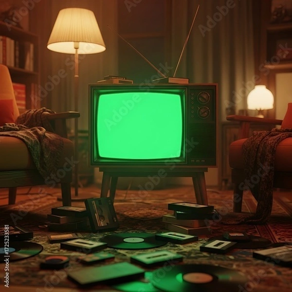 Obraz Retro living room scene with a vintage television, surrounded by records and tapes, showcasing a warm and nostalgic atmosphere.