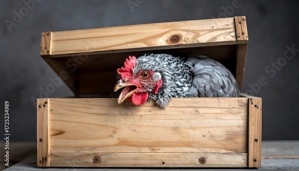 Fototapeta Hen in a wooden crate