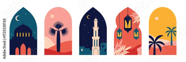 Fototapeta Set of oriental style Islamic windows. Islamic arches, houses, mosques, domes, moon, palm trees, lanterns. Boho style. Templates for Ramadan Kareem, Eid al-Adha, Muslim holidays