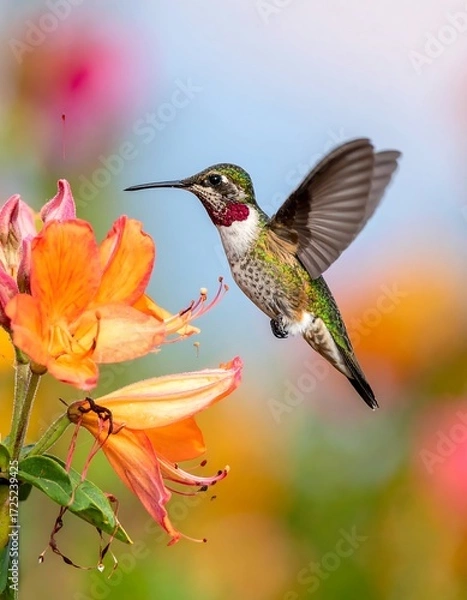 Fototapeta Hummingbird in flight near vibrant flowers