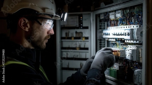 Fototapeta A technician wearing protective gear works on electrical equipment, focusing on wiring within a control panel, illuminated by a headlamp in a dim environment.