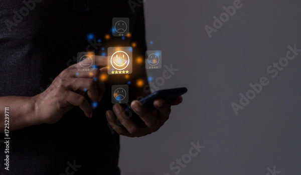 Fototapeta Review Customer, Young Man hand holding Smart Phone with five star to review and give 5 stars with very good results in service, Good review 5 star rating choice feedback