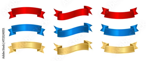 Fototapeta Set of realistic satin silk award ribbon for medal in gold, red, blue colors. Blank background for writing. Elements for first place, warranty. 