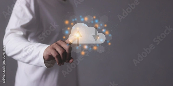 Fototapeta Young man hand touching to cloud computing diagram, Data storage, Cloud technology, Cloud Computing Storage