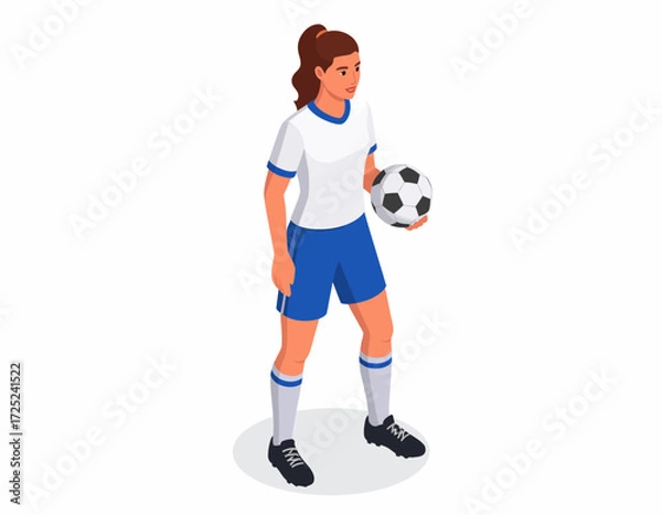 Fototapeta Dynamic isometric illustration of a female soccer player in a white and blue uniform, holding a football, ready for action on the field, representing women's sports and athletic skill