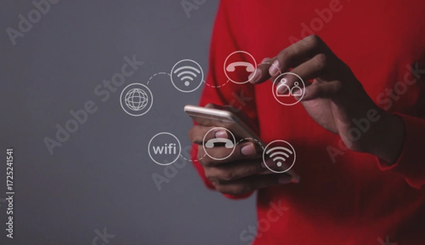 Fototapeta Young man hand using smartphone with to Interconnect, Interconnected Concept; People connect via wireless internet in a world of digital technology and communications that connect