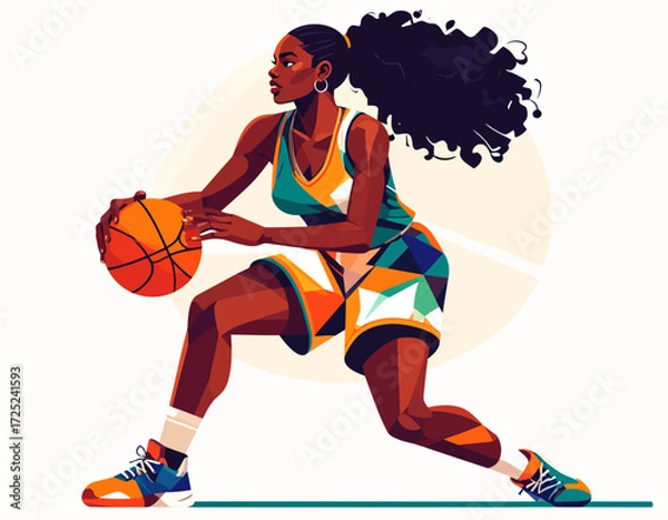 Fototapeta Vibrant illustration of a powerful Black woman athlete in a dynamic pose, dribbling a basketball with focus and energy on the court