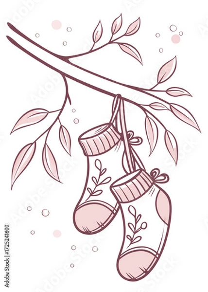 Fototapeta Vector illustration of baby socks hanging on a tree branch with leaves.