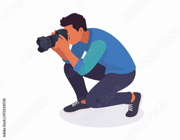 Fototapeta Photographer kneeling and taking a photo with a professional camera, illustration of a person capturing a moment