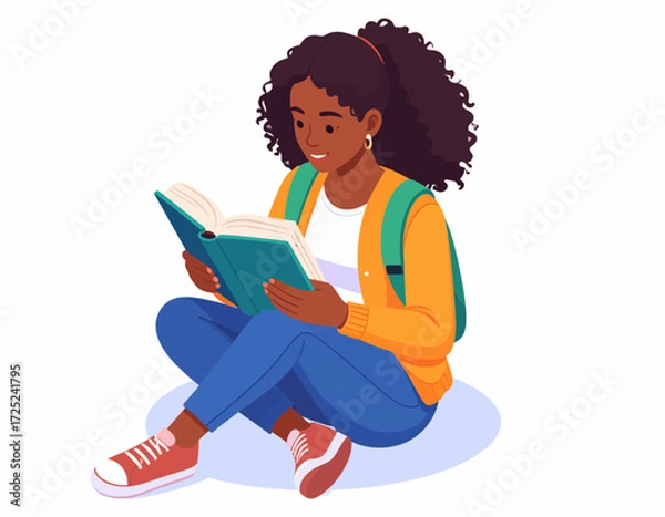 Fototapeta Young woman with curly hair reading a book while sitting outdoors wearing casual clothes and a backpack, symbolizing education and leisure