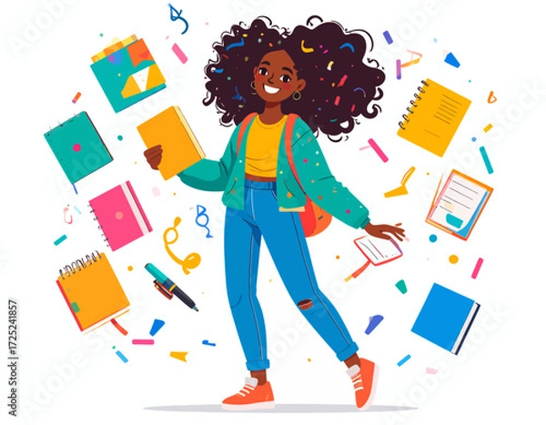 Fototapeta Joyful Black student celebrating academic success, surrounded by books and vibrant confetti. Empowering education and the spirit of learning