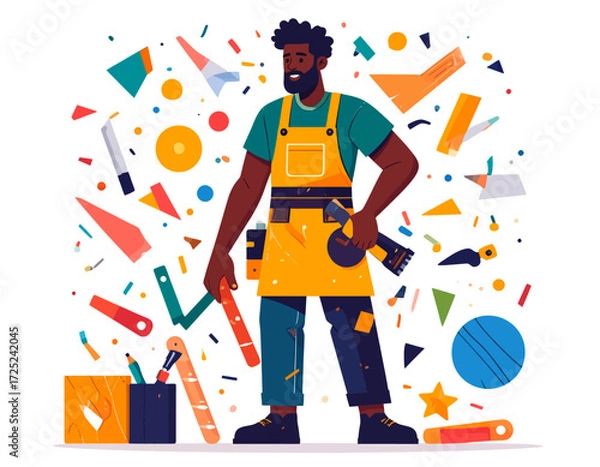 Fototapeta Skilled craftsman confidently stands amidst a vibrant burst of creative tools and elements, embodying the spirit of hands-on innovation, dedicated workmanship, and joyful DIY projects