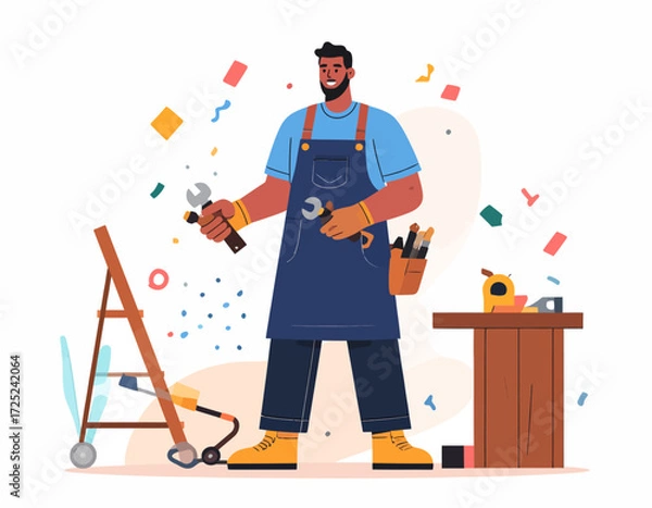 Fototapeta Skilled craftsman celebrating success with tools and confetti, a symbol of achievement and hard work in skilled trades