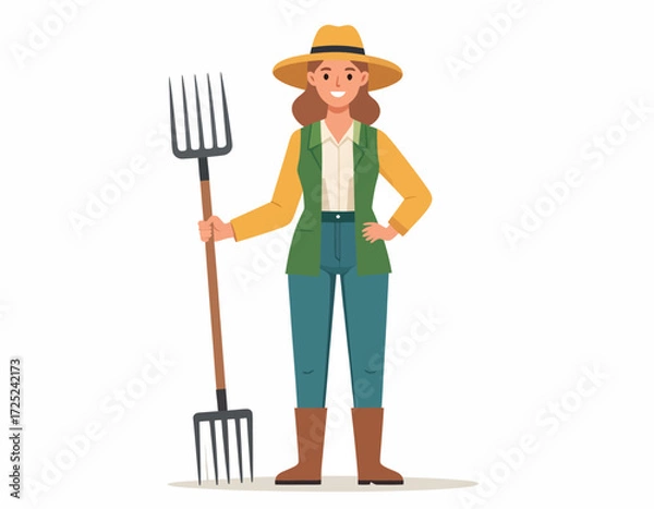 Fototapeta Happy female farmer in a straw hat holding a pitchfork, ready for field work, agricultural lifestyle