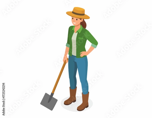 Fototapeta Isometric illustration of a female farmer with a shovel, ready for work in agriculture