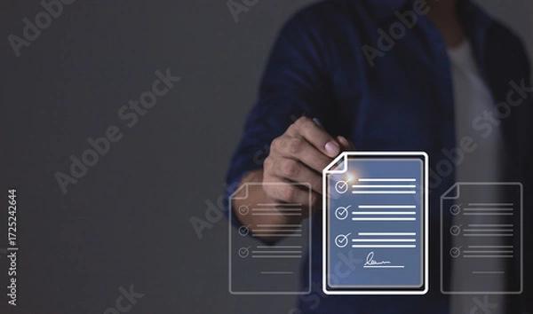 Fototapeta Young man with smartphone mobile hand touching to sign a Online Business Contract, Electronic signature, Contract signing, Digital documents, Future smart contract