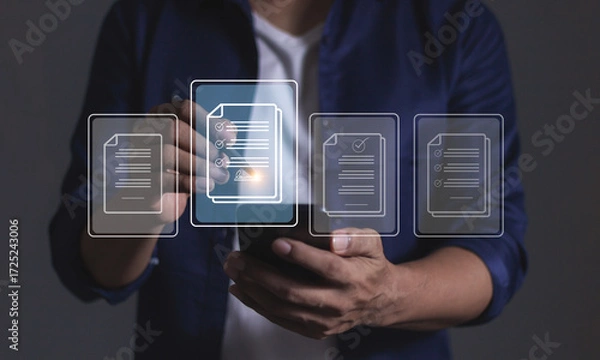 Fototapeta Young man with smartphone mobile hand touching to sign a Online Business Contract, Electronic signature, Contract signing, Digital documents, Future smart contract